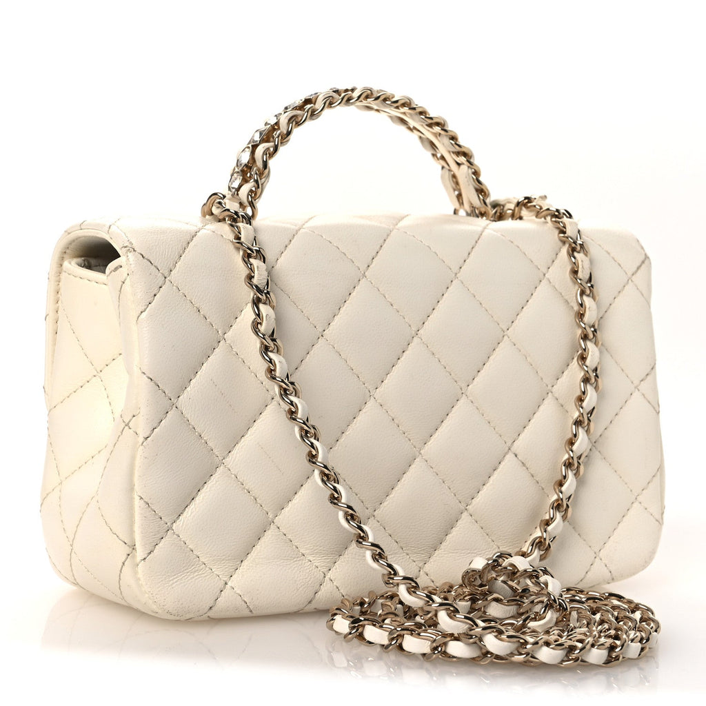 Lambskin Quilted Mini Crystal Top Handle Rectangular Flap White