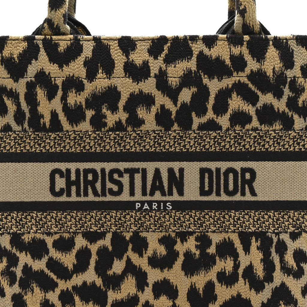 Canvas Mizza Embroidered Small Leopard Book Tote Beige
