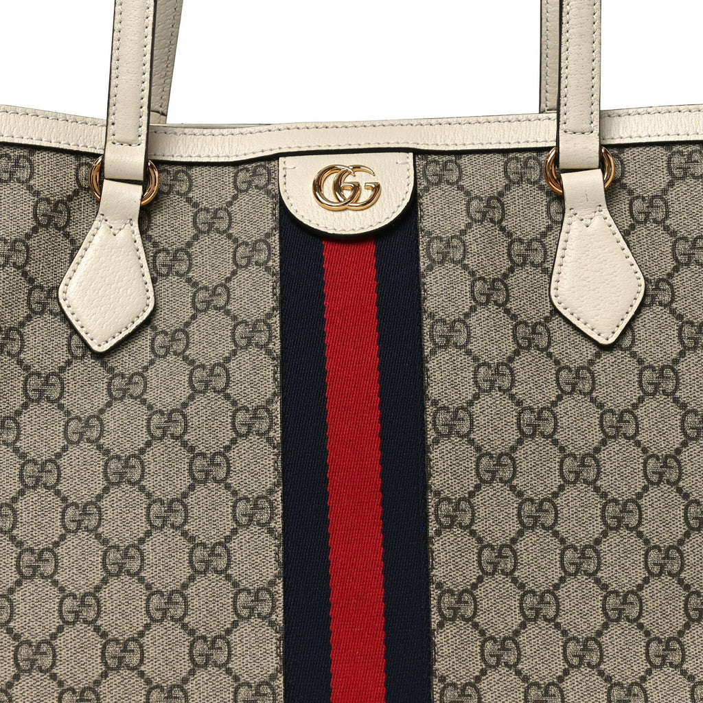 GG Supreme Monogram Textured Dollar Calfskin Web Medium Ophidia Shopping Tote Beige Ebony Mystic White