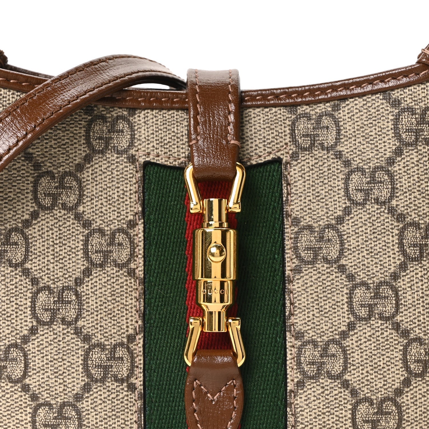 GG Supreme Monogram Azalea Calfskin Web Mini Jackie 1961 Hobo Beige Ebony Brown Sugar