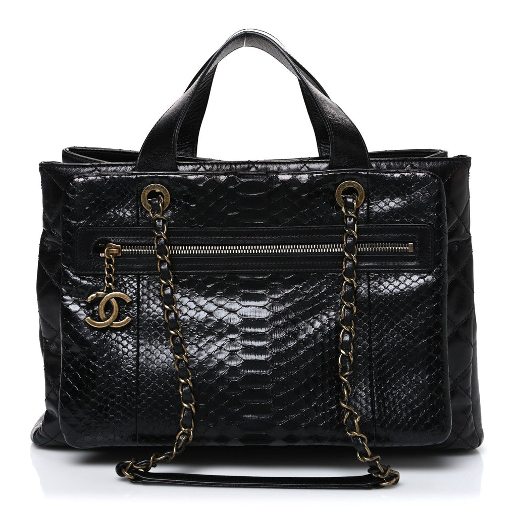 Snakeskin Glazed Calfskin Quilted Urban Mix Tote Black