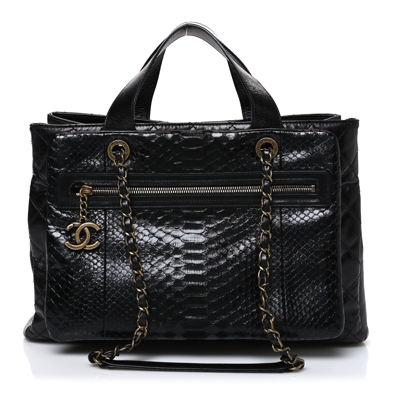 Snakeskin Glazed Calfskin Quilted Urban Mix Tote Black