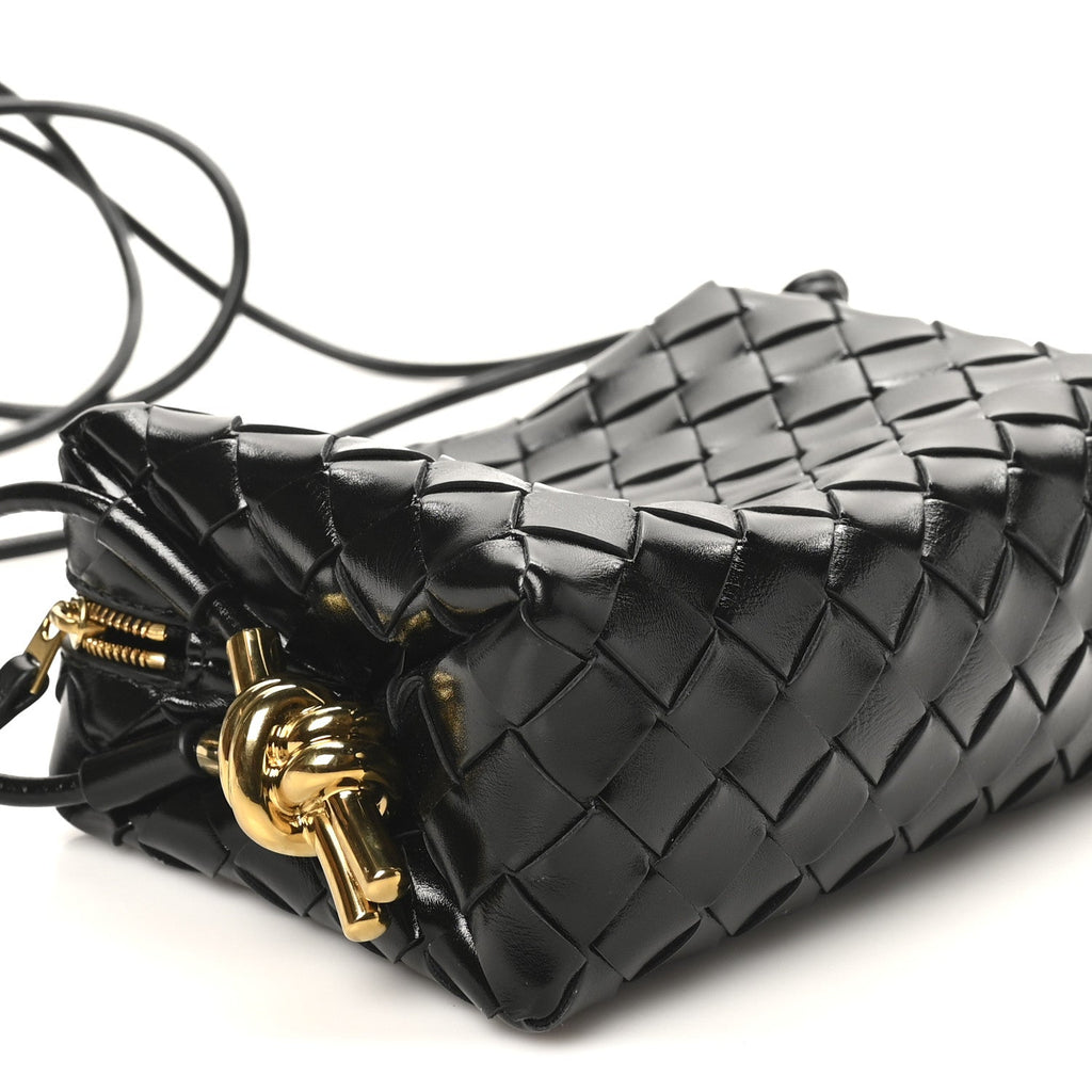 Polished Nappa Intrecciato Metallic Knot Mini Loop Camera Bag Black