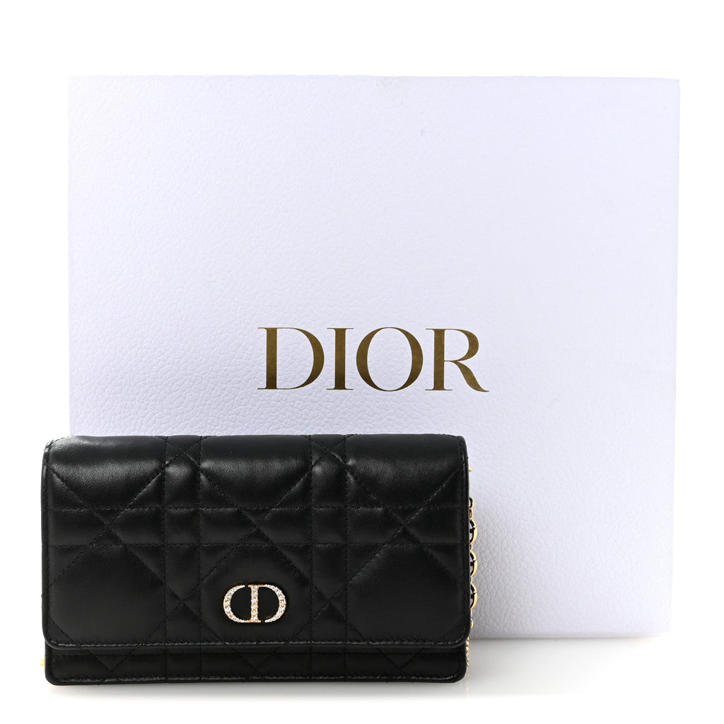 Lambskin Crystal Macrocannage Caro Pouch With Chain Black