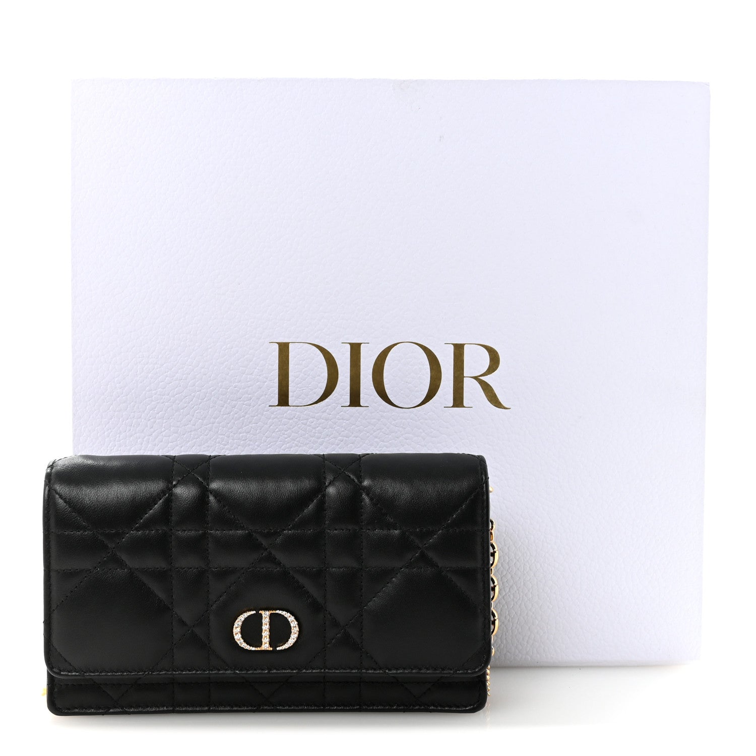 Lambskin Crystal Macrocannage Caro Pouch With Chain Black
