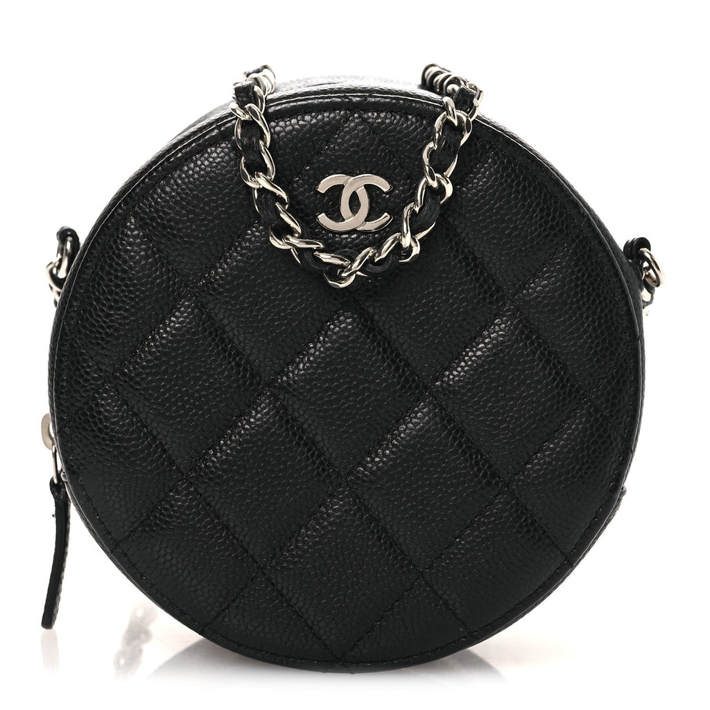 Caviar Quilted Round Clutch With Chain Black