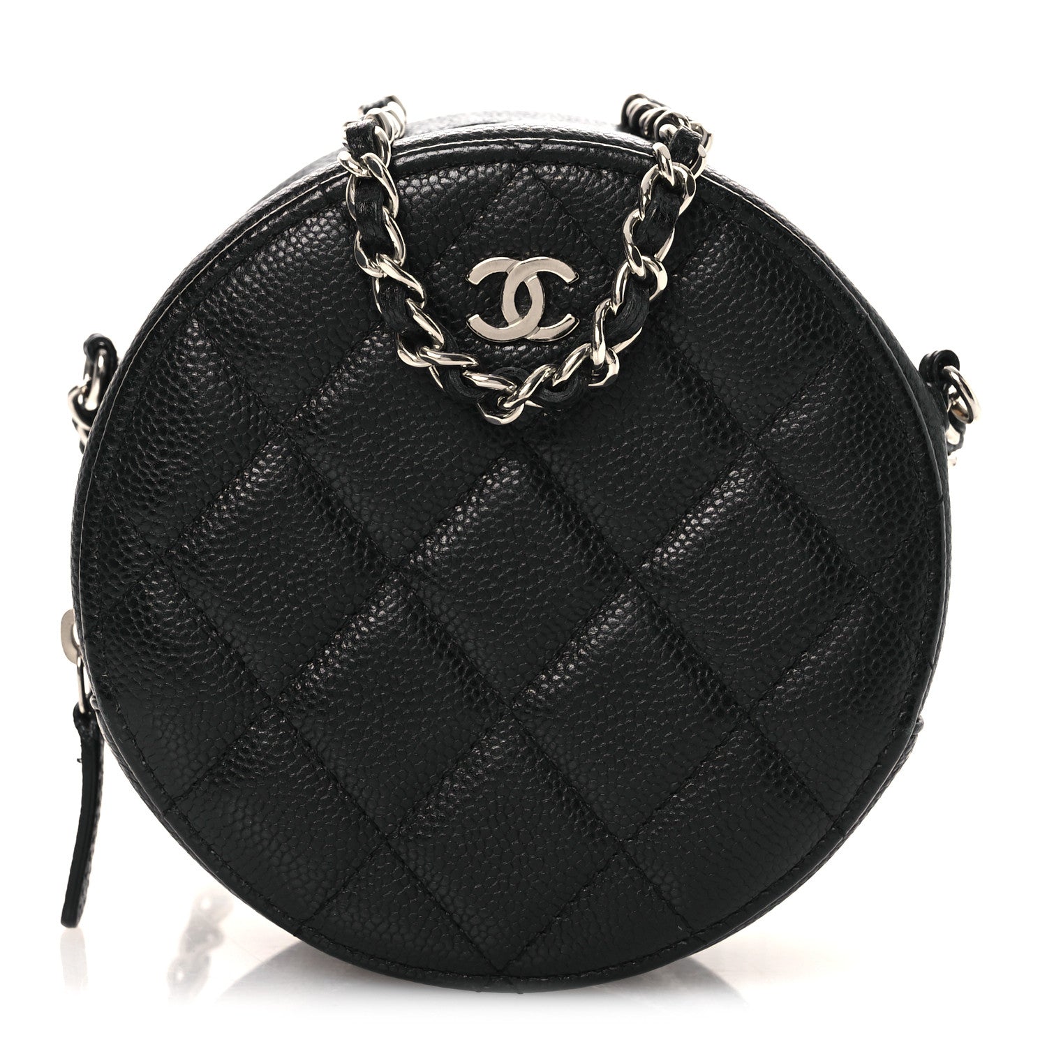 Caviar Quilted Round Clutch With Chain Black