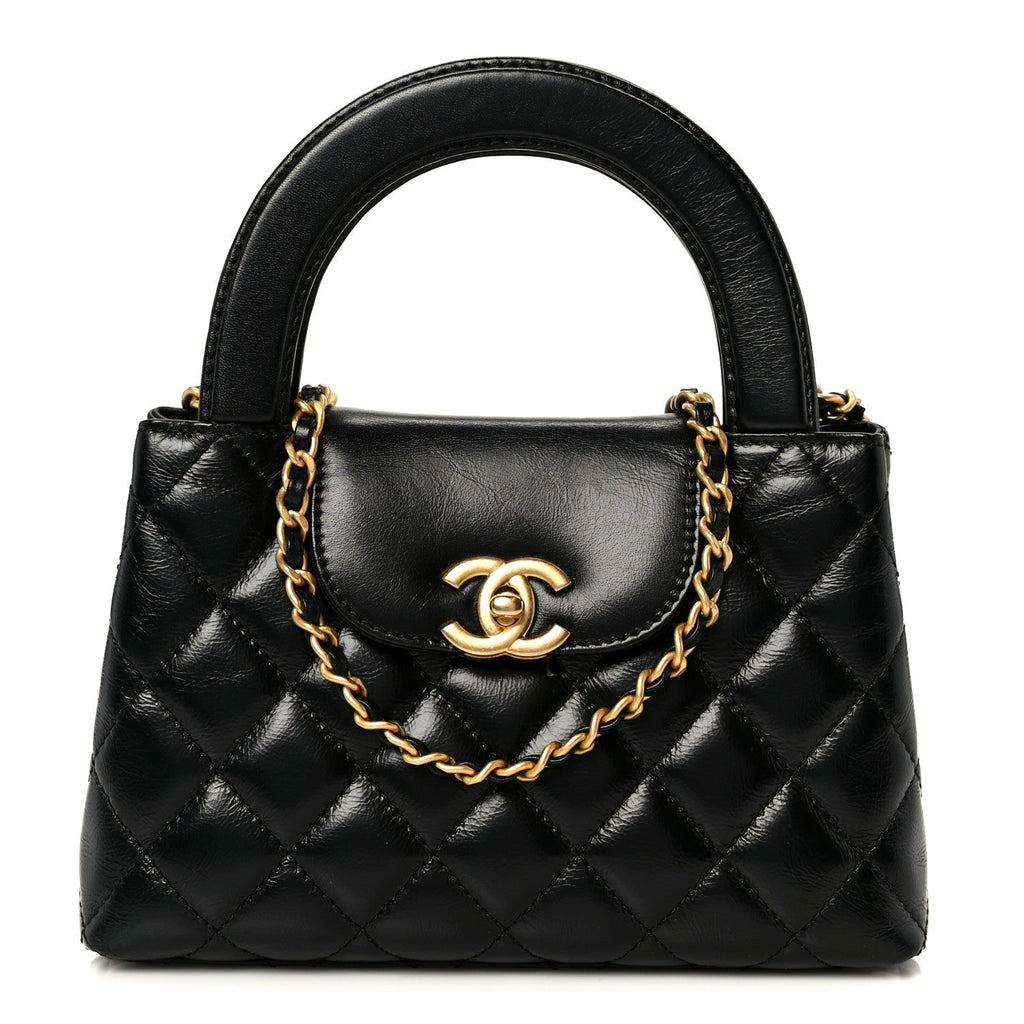 Shiny Aged Calfskin Quilted Nano Kelly Shopper Black