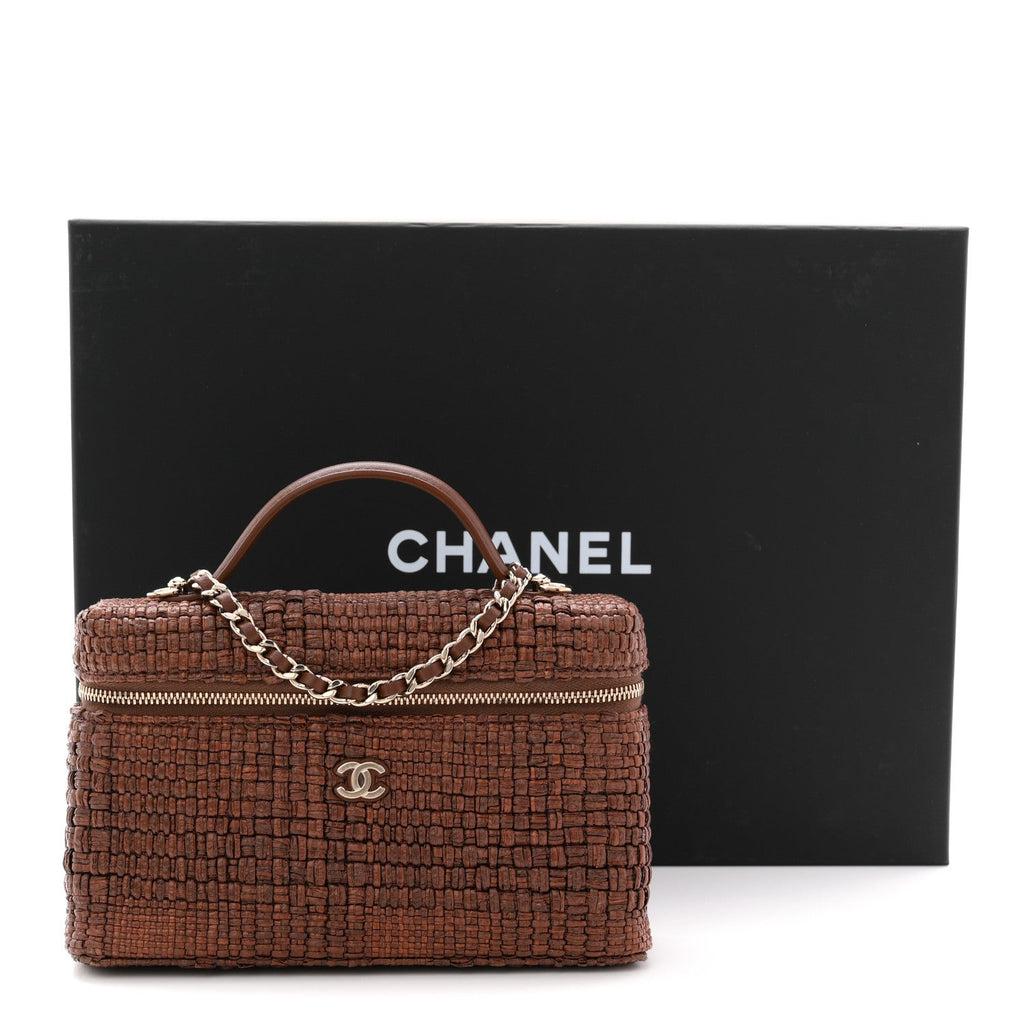 Braided Raffia Quilted Top Handle Slim Vanity With Chain Brown