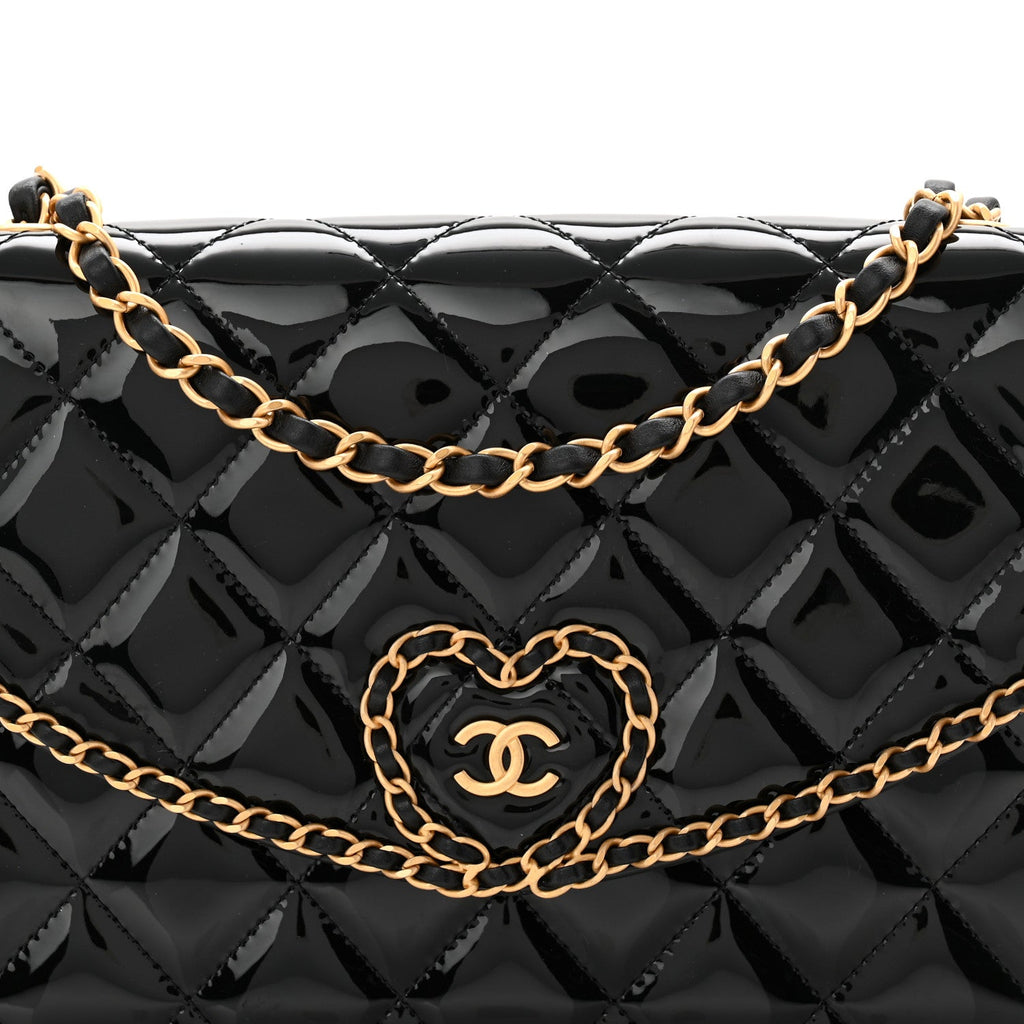 Patent Quilted Chain Around Heart Flap Black