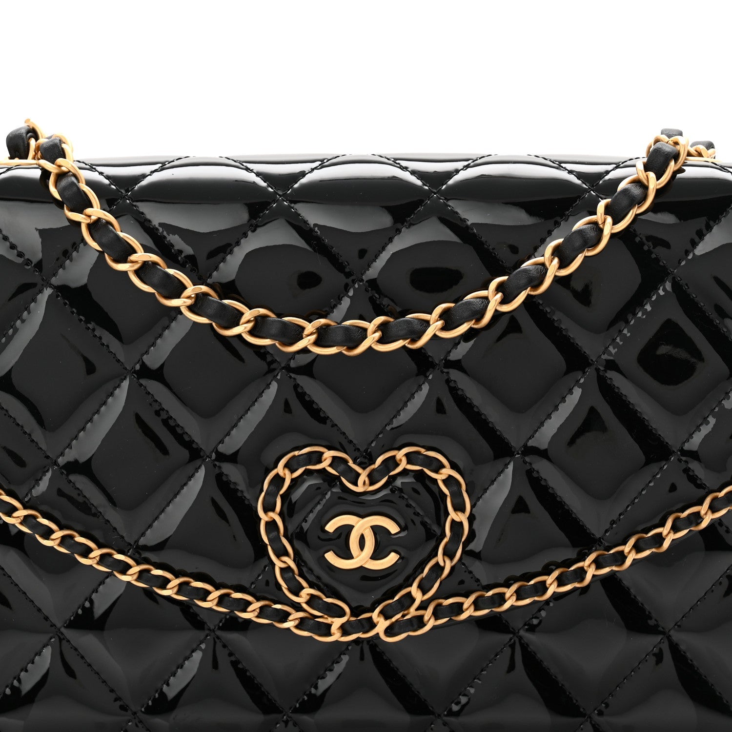 Patent Quilted Chain Around Heart Flap Black