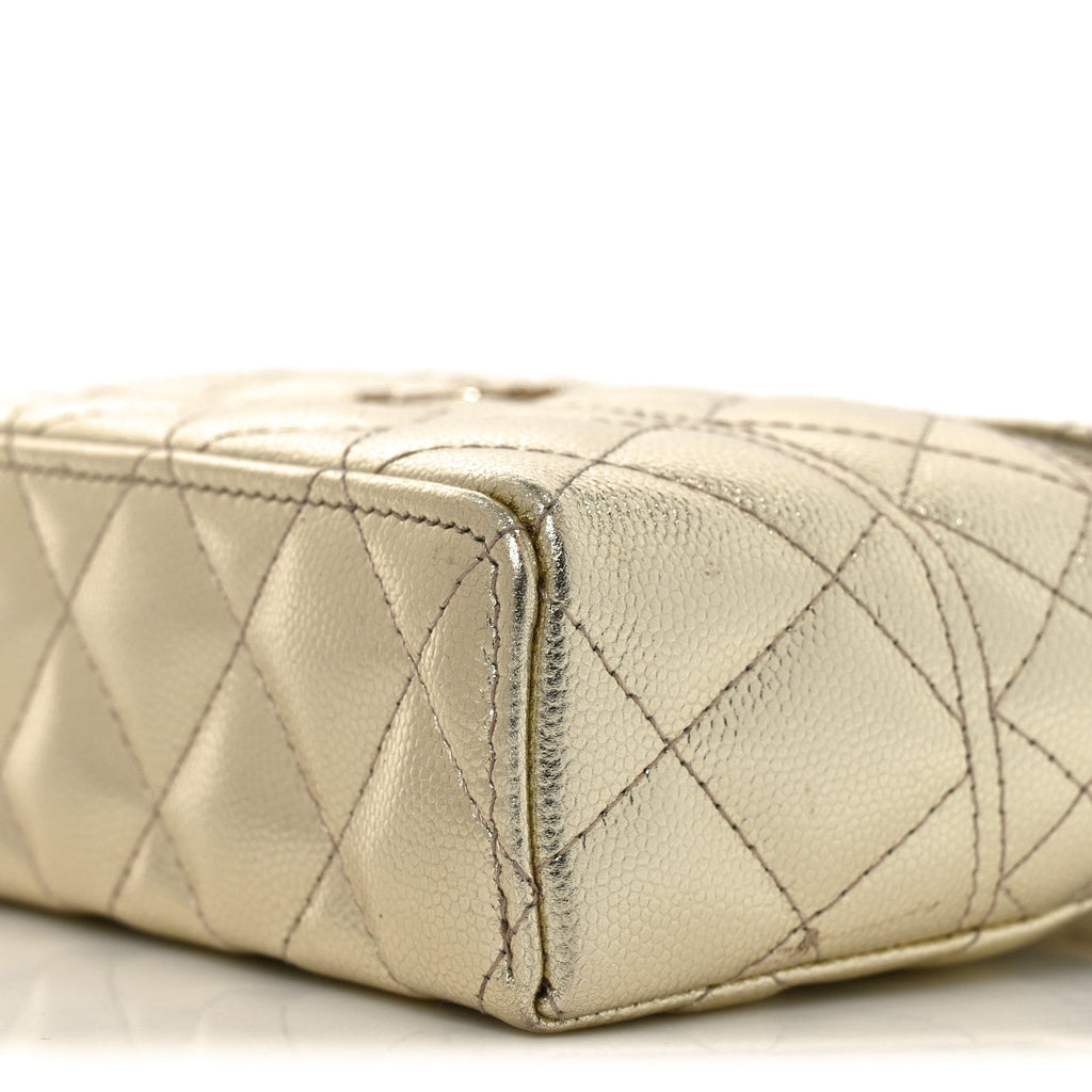 Metallic Caviar Quilted Trendy Handle Slim Vanity Light Golden