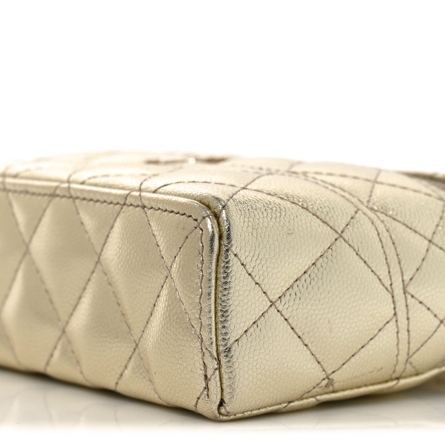 Metallic Caviar Quilted Trendy Handle Slim Vanity Light Golden
