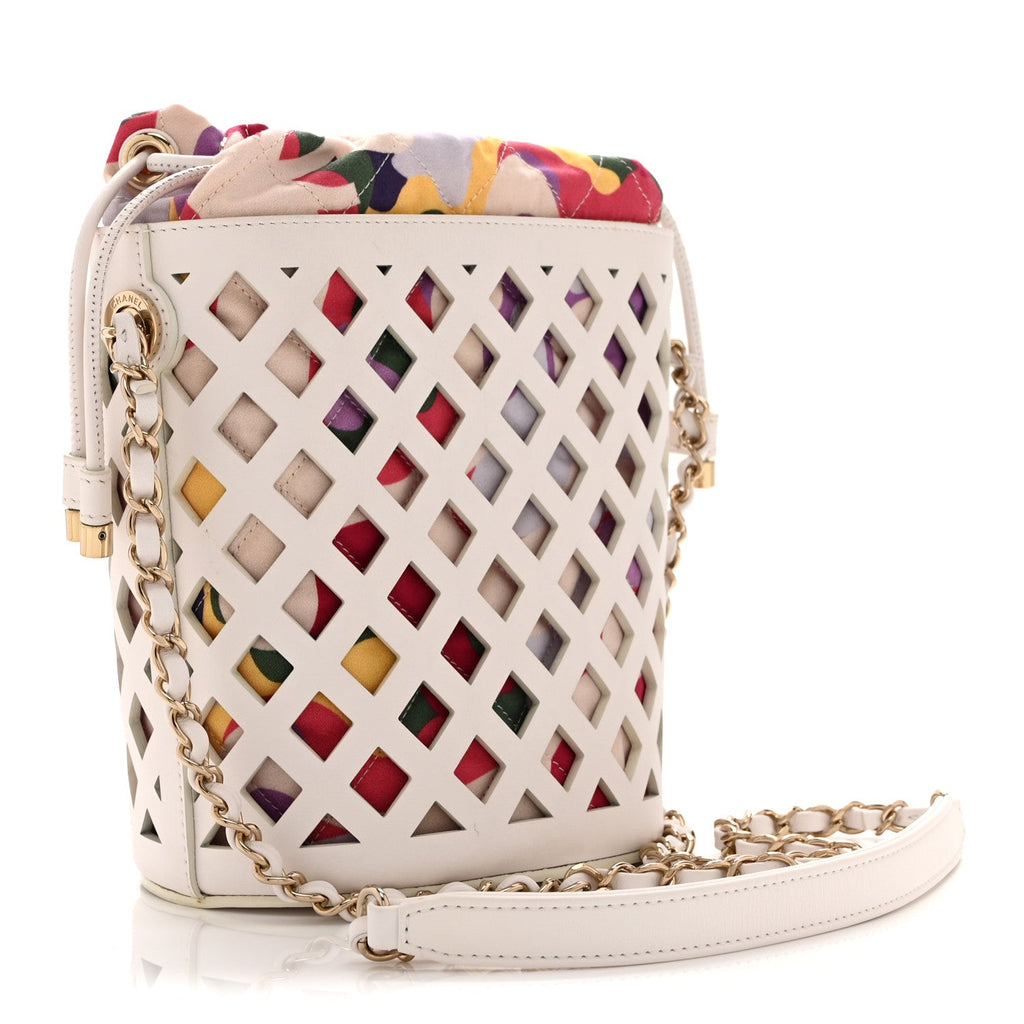 Lambskin Sea Through Bucket Drawstring Bag White Multicolor