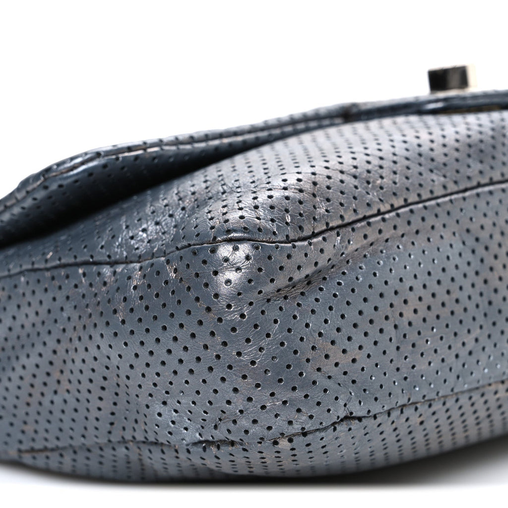 Metallic Crackled Calfskin Perforated Drill Flap Silver