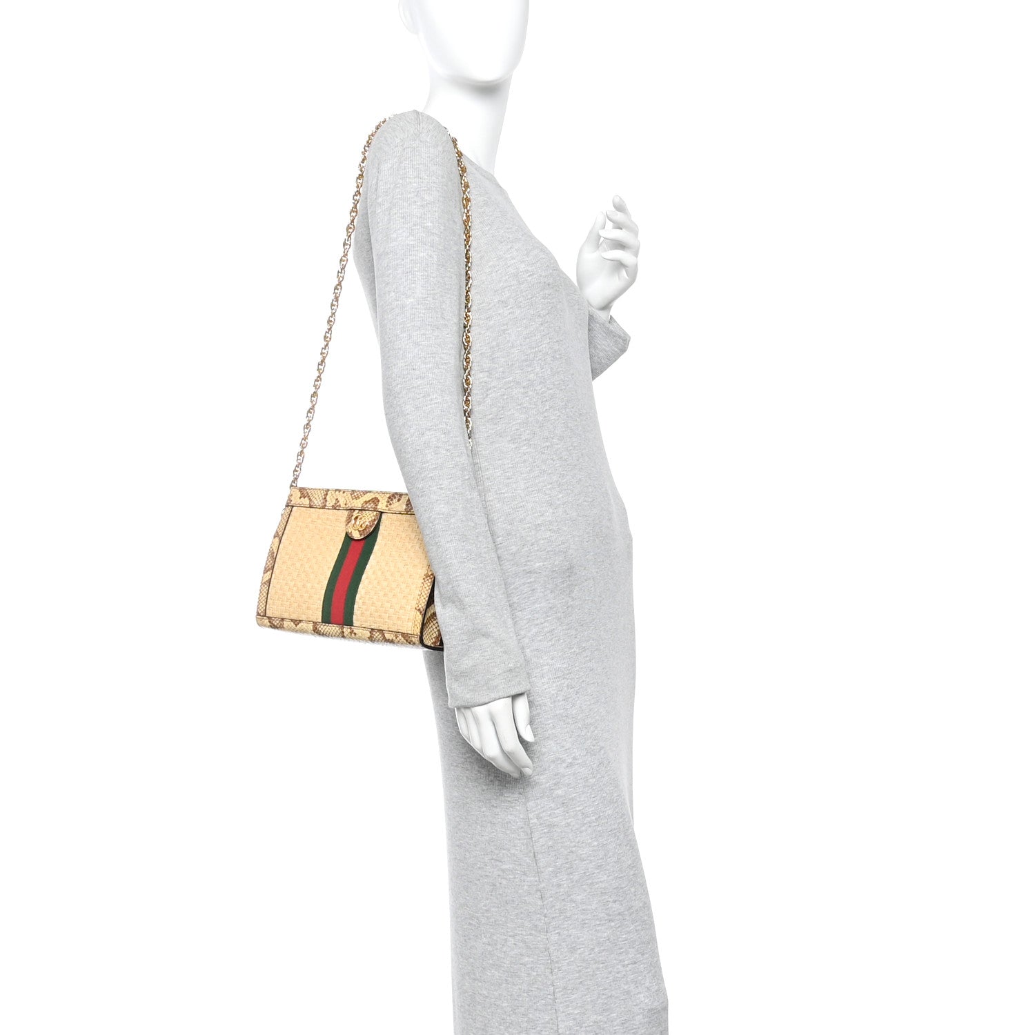 Raffia Elaphe GG Small Ophidia Chain Shoulder Bag Natural Cream Brown