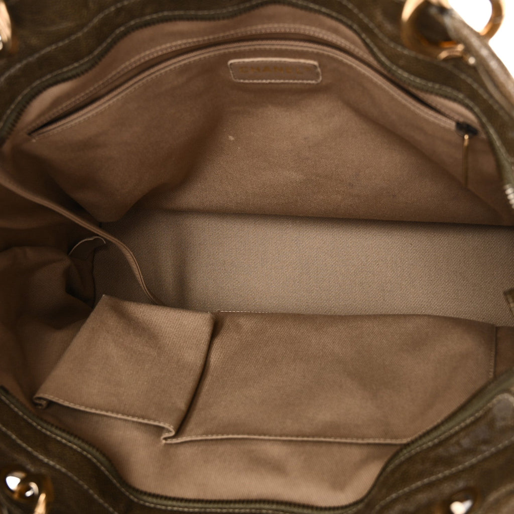 Crumpled Grained Calfskin Large Coco Pleats Tote Khaki