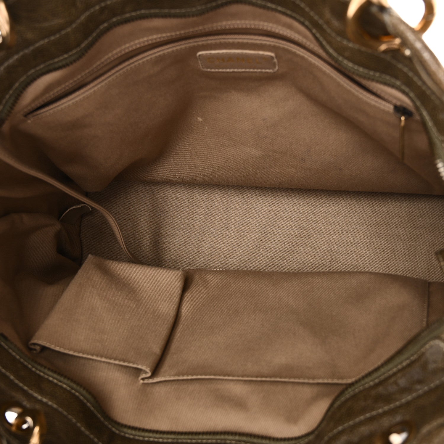 Crumpled Grained Calfskin Large Coco Pleats Tote Khaki