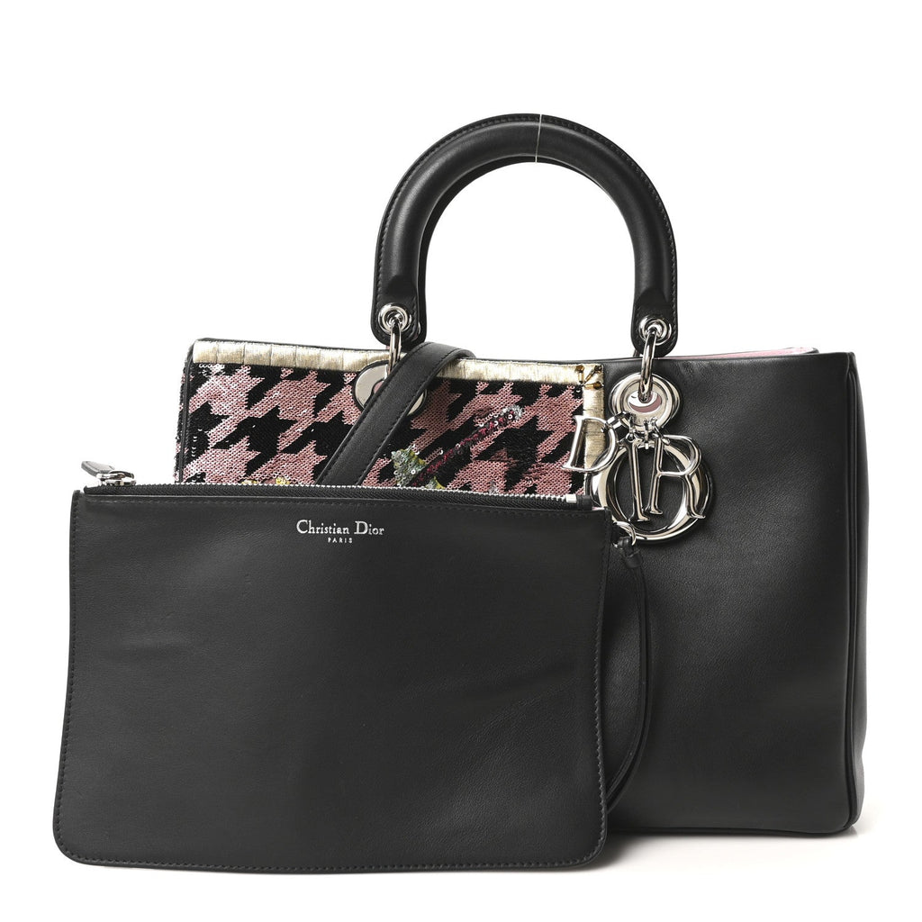 Smooth Calfskin Sequin Houndstooth Embroidered Medium Diorissimo Black