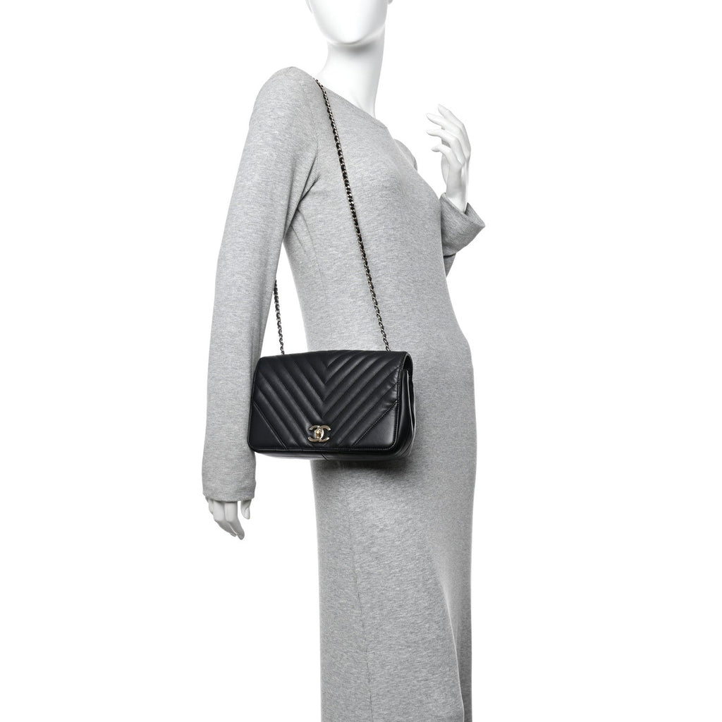 Calfskin Chevron Quilted Small Statement Flap Black