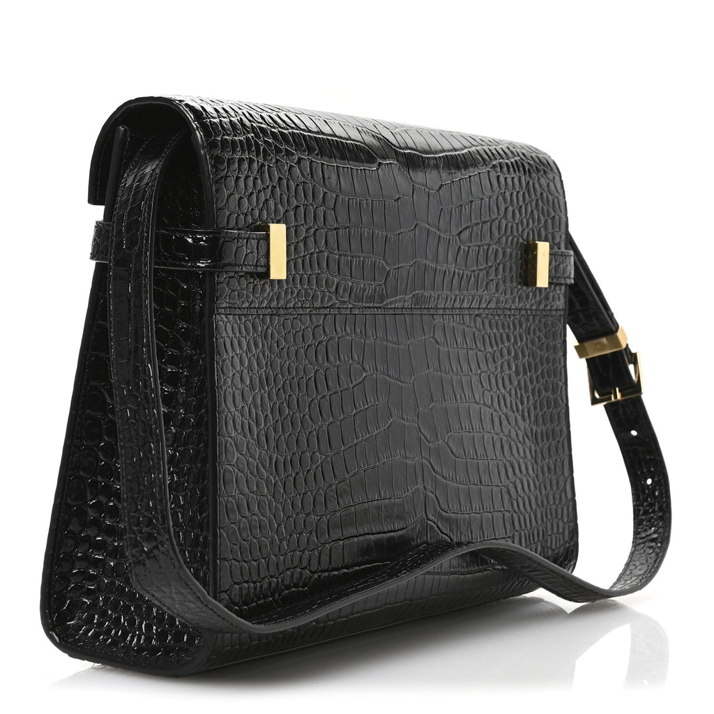 Shiny Calfskin Crocodile Embossed Manhattan Baguette Black