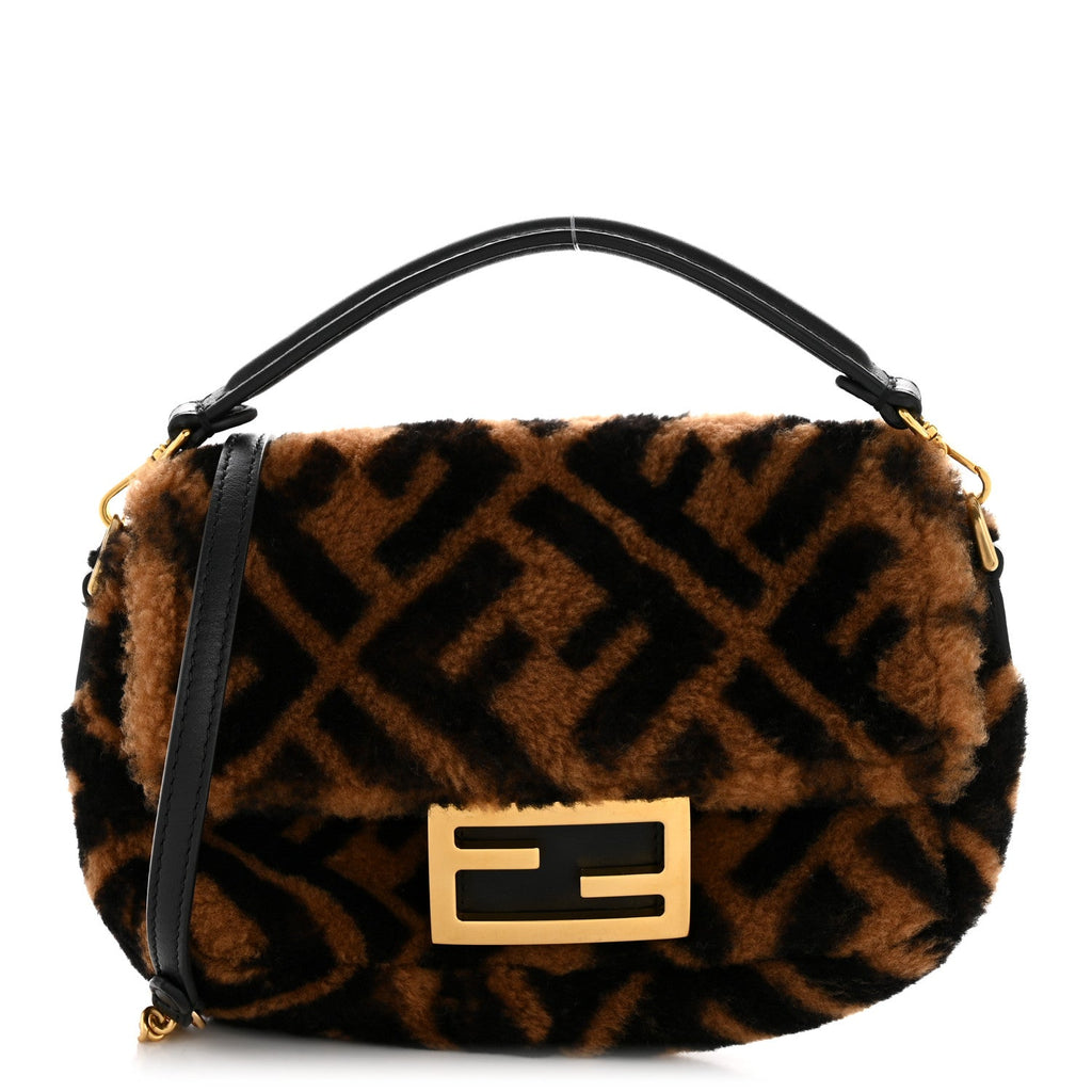 Shearling Vitello Dolce Macro FF 1974 Mini Baguette Tobacco Black
