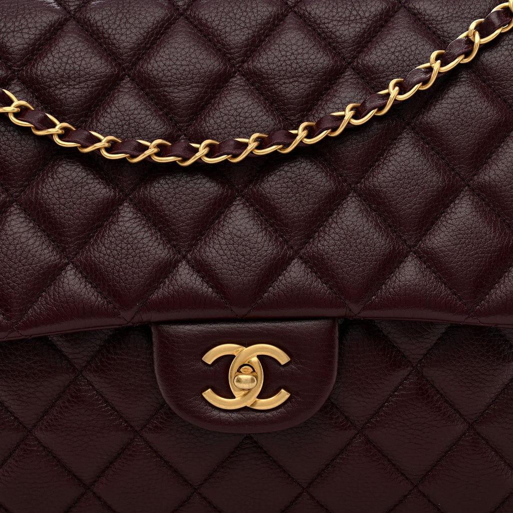 Grained Calfskin Quilted XXL Travel Flap Bag Burgundy