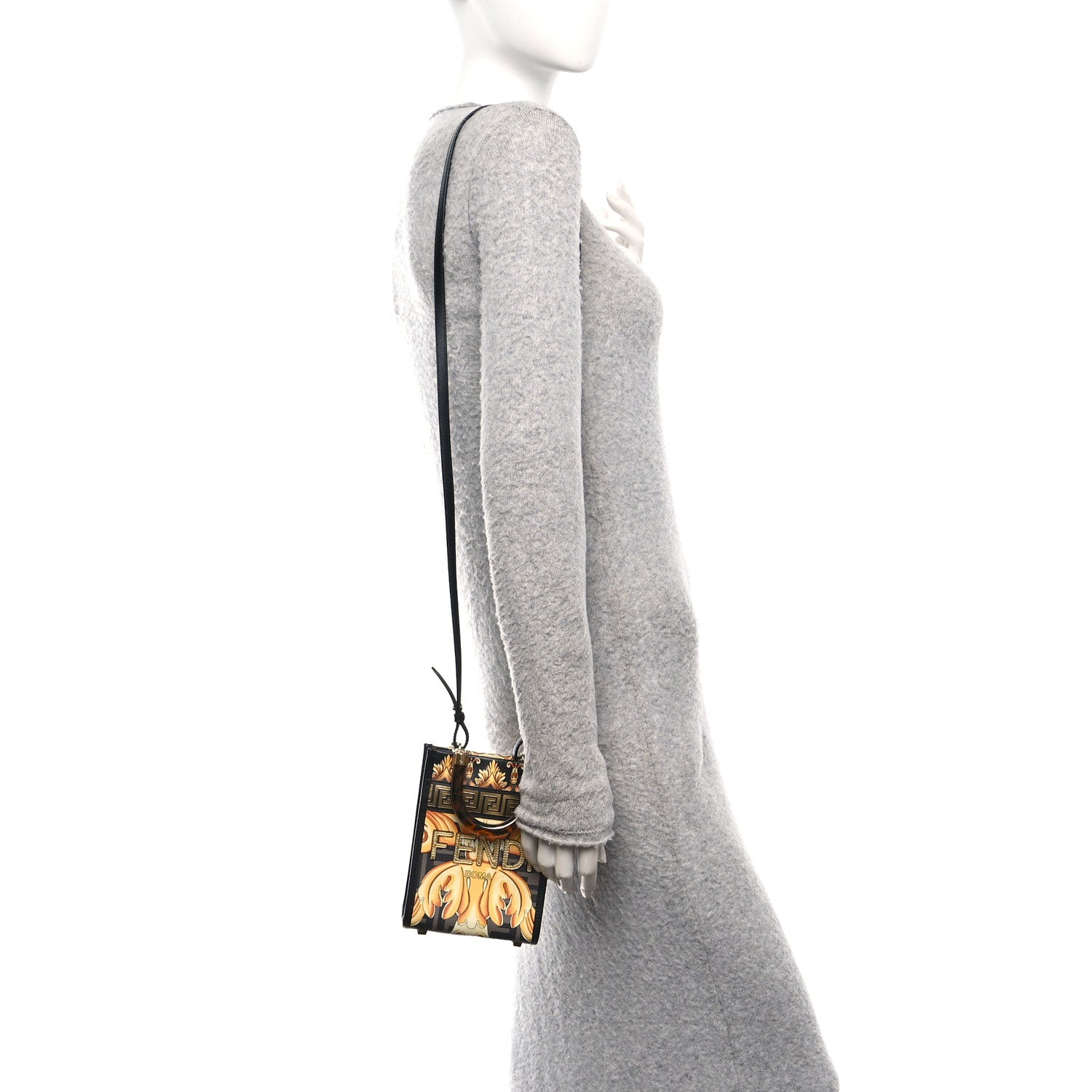 X VERSACE Vitello King Catalan Mirror Plexiglass Fendace FF Baroque Logo Mini Fendi Sunshine Shopper Tote Black Gold