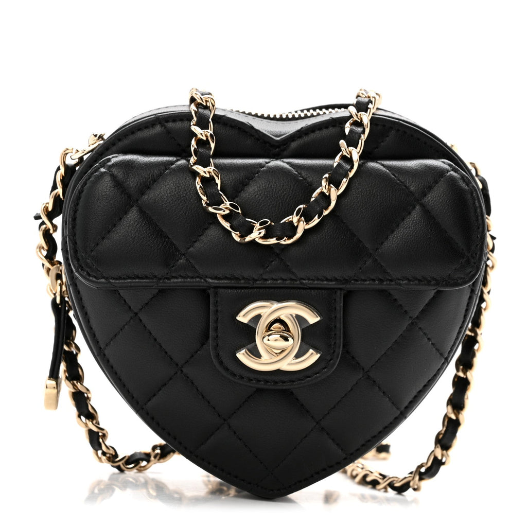 Lambskin Quilted CC In Love Heart Clutch With Chain Black