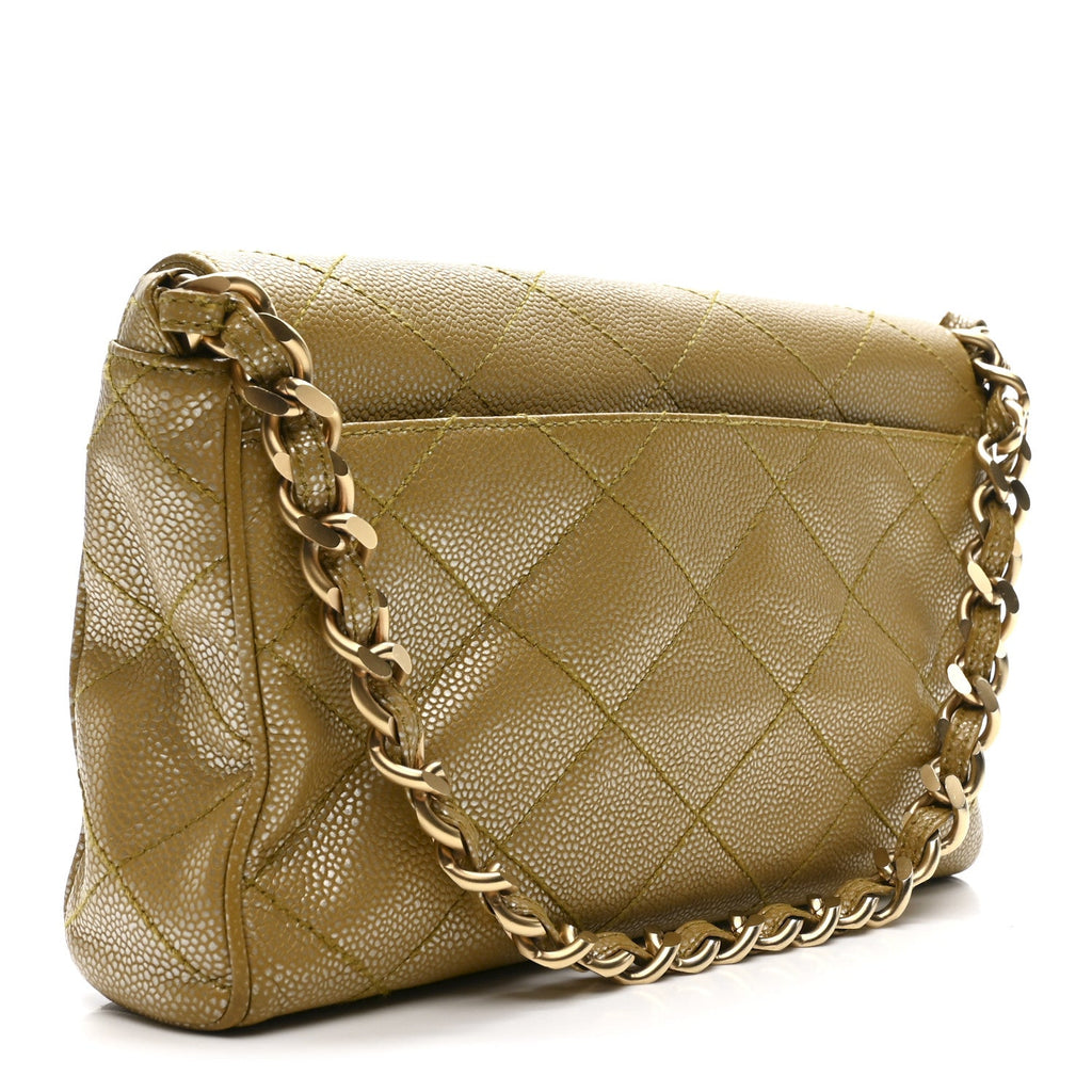 Metallic Caviar Quilted Medium Single Flap Beige
