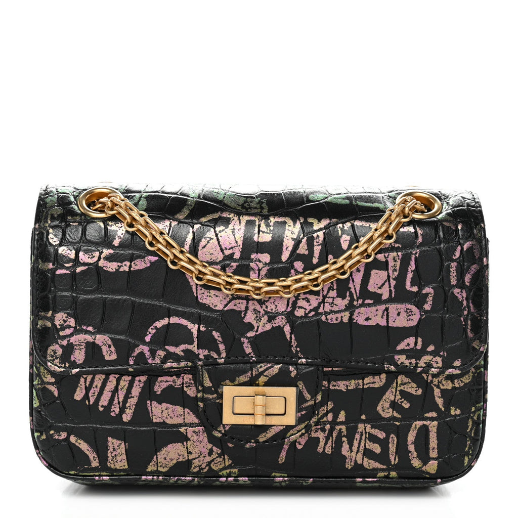 Calfskin Crocodile Embossed Graffiti 2.55 Mini Cocodile Reissue Flap Black Pink