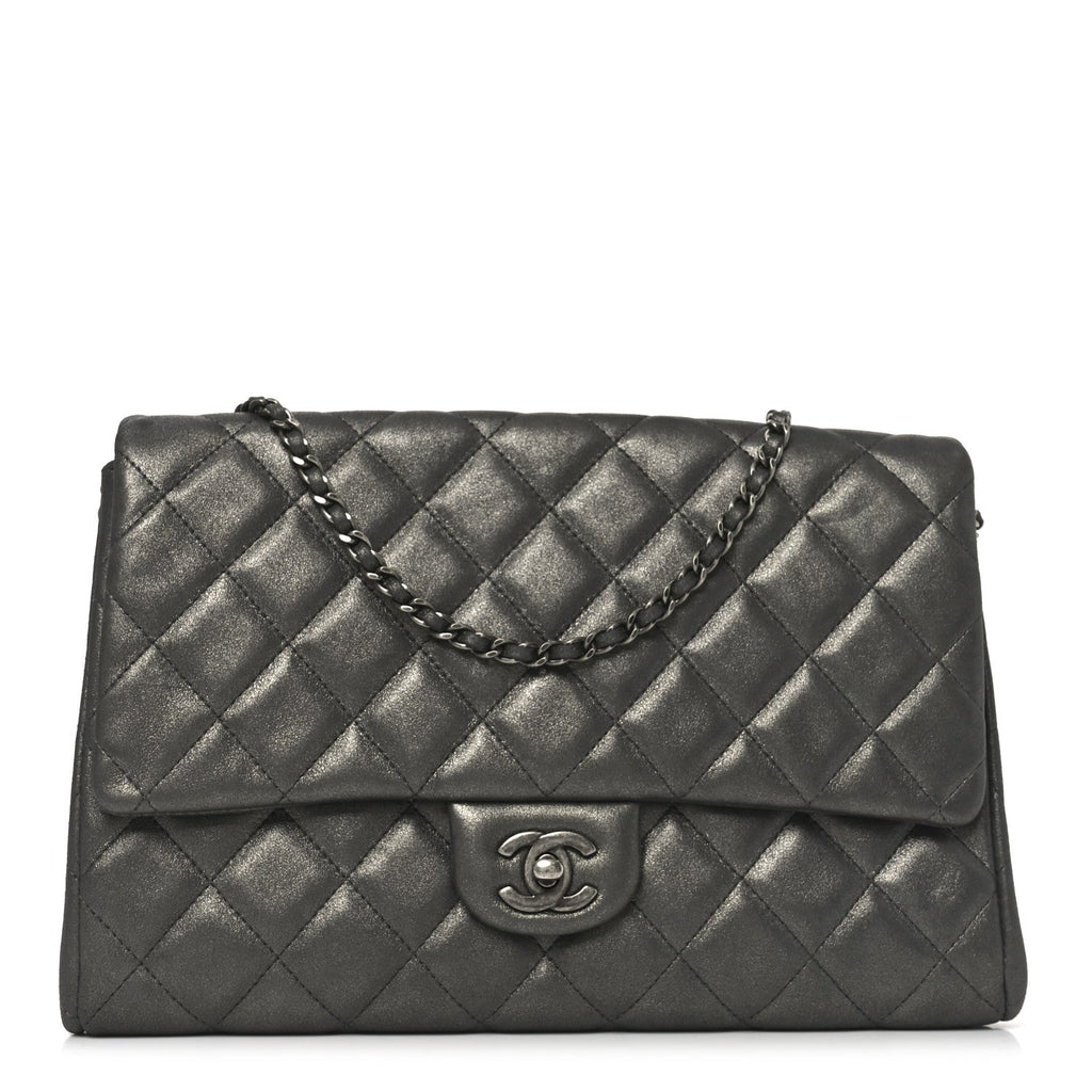 Metallic Lambskin Quilted Clutch With Chain Flap Dark Grey