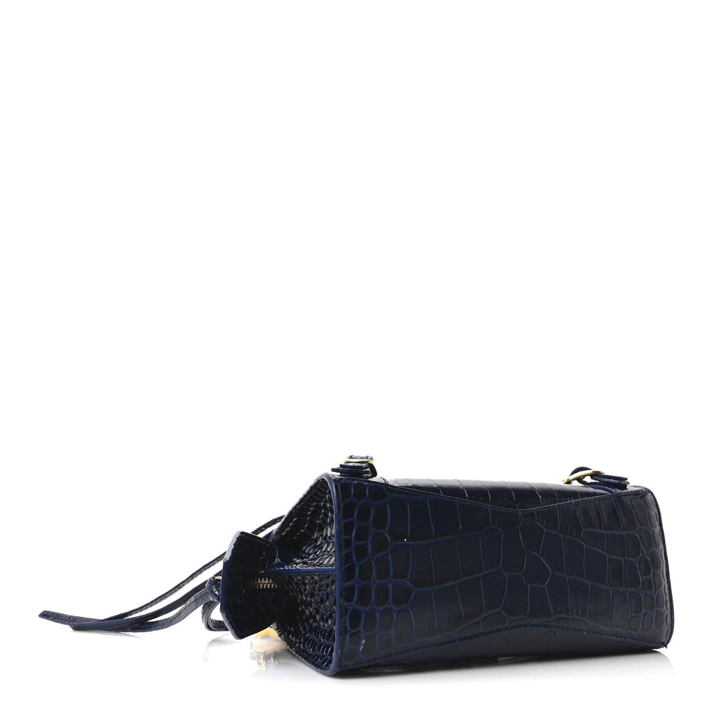 Shiny Supple Calfskin Crocodile Embossed Neo Classic Gold Hardware Mini City Navy