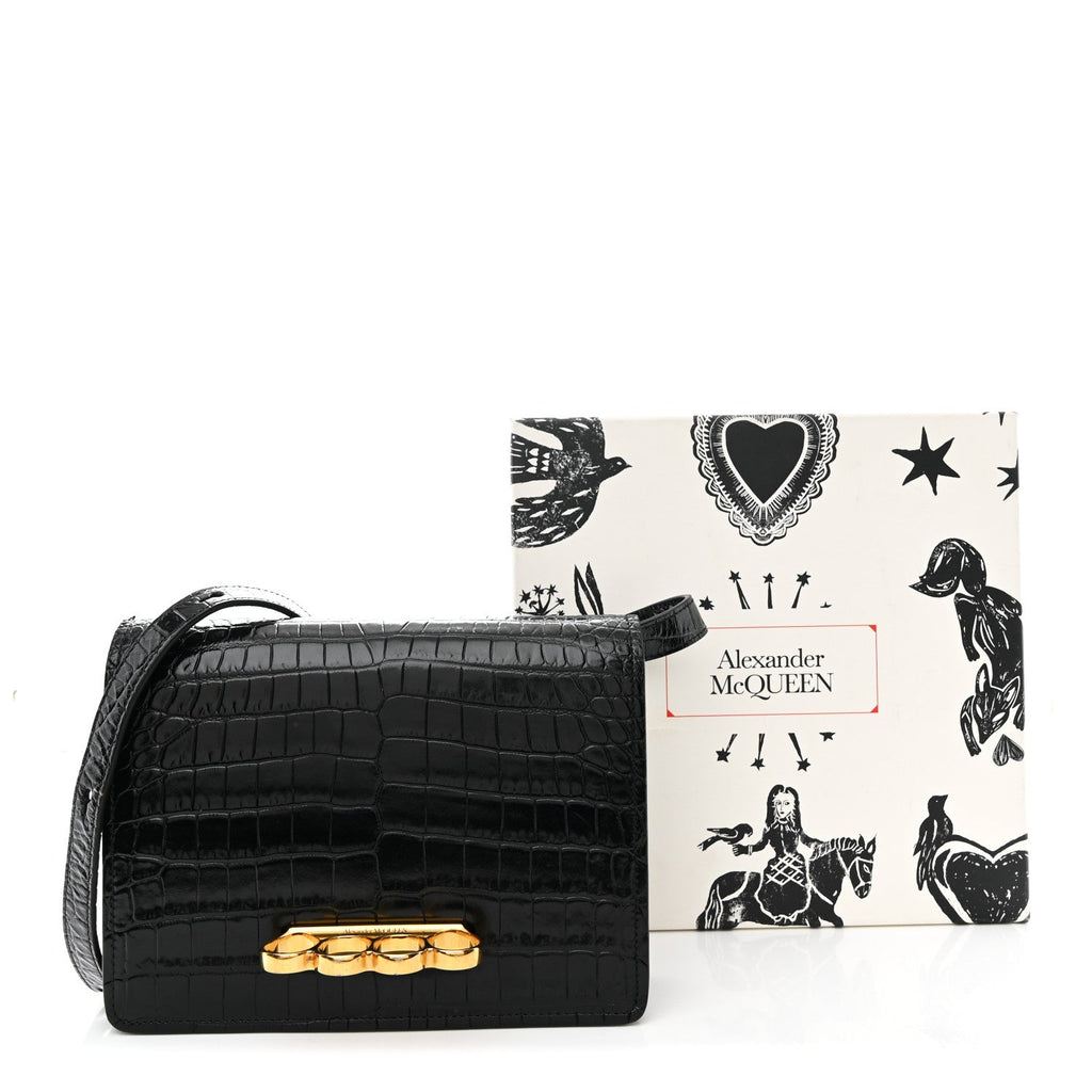 Calfskin Crocodile Embossed Four Ring Knuckle Crossbody Bag Black
