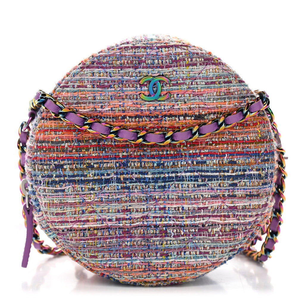 Tweed Quilted Round Clutch With Chain Blue Pink Orange