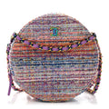 Tweed Quilted Round Clutch With Chain Blue Pink Orange