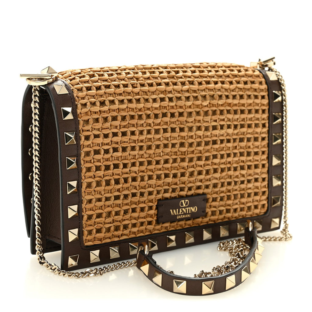 Raffia Calfskin Rockstud Wallet On Chain Pouch Natural Brown