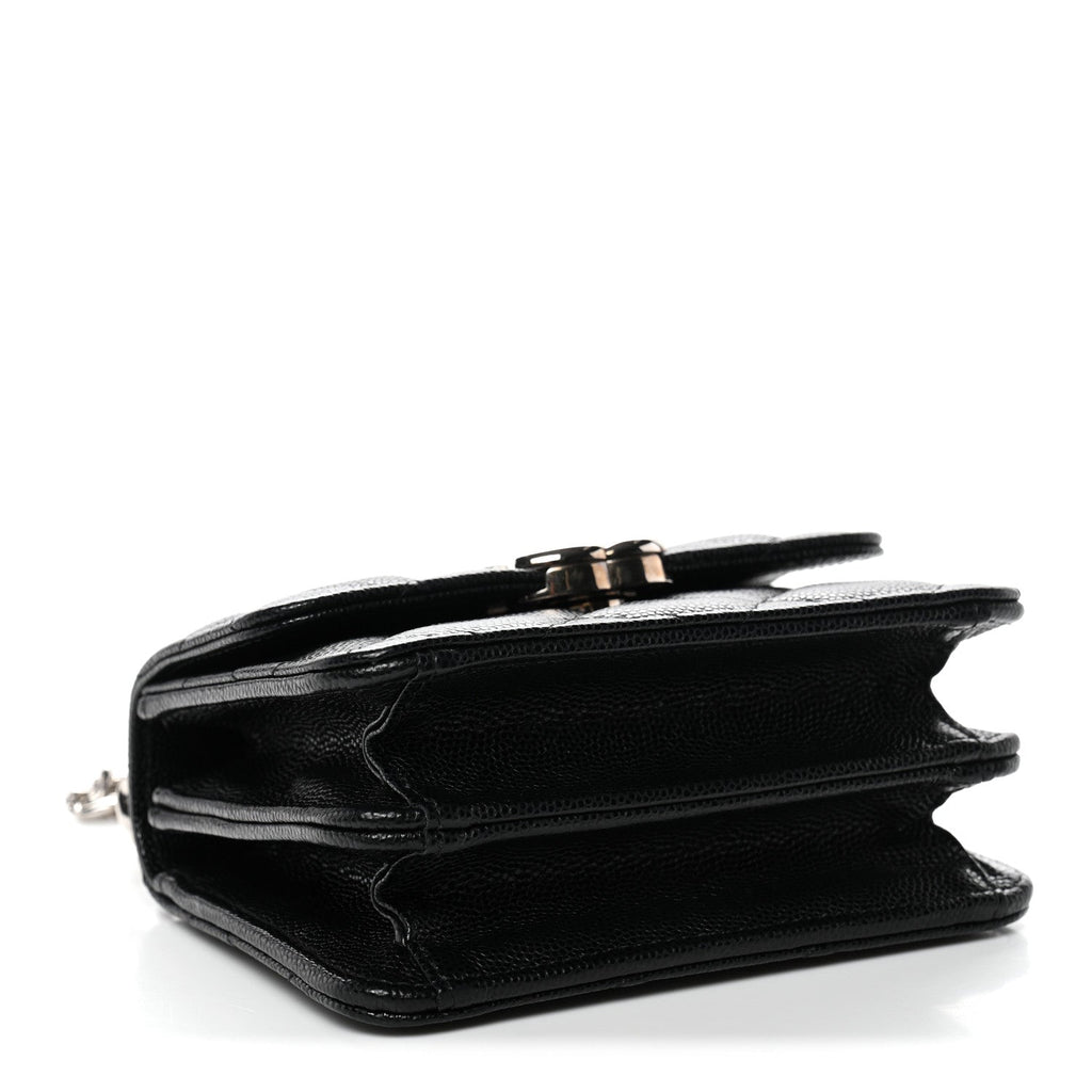 Caviar Quilted Enamel Top Handle Flap Clutch With Chain Black