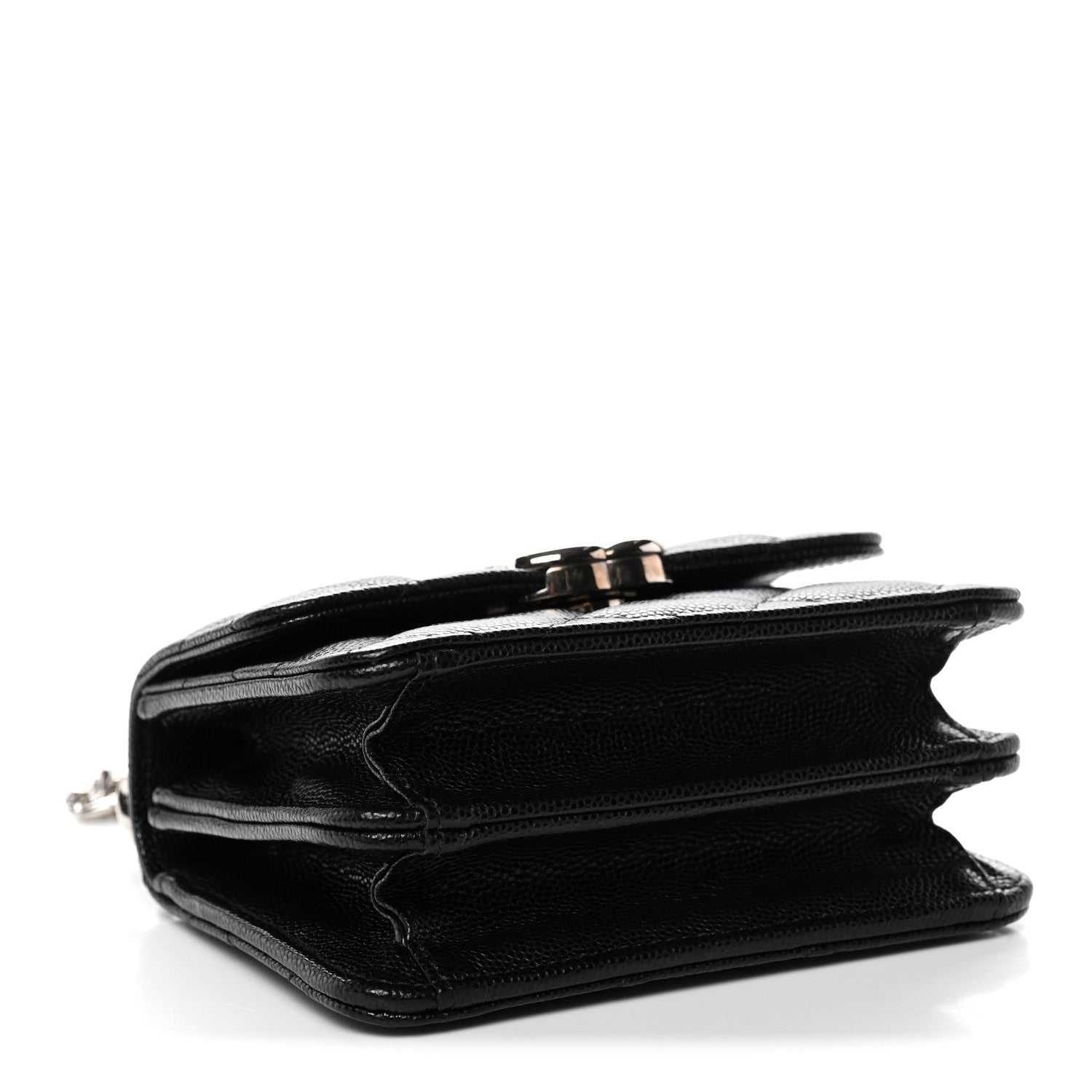 Caviar Quilted Enamel Top Handle Flap Clutch With Chain Black