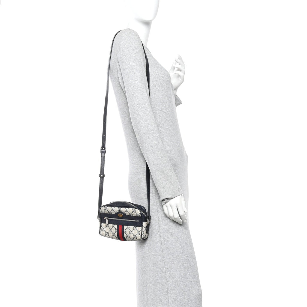 GG Supreme Monogram Textured Dollar Calfskin Web Mini Ophidia Shoulder Bag Beige Blue