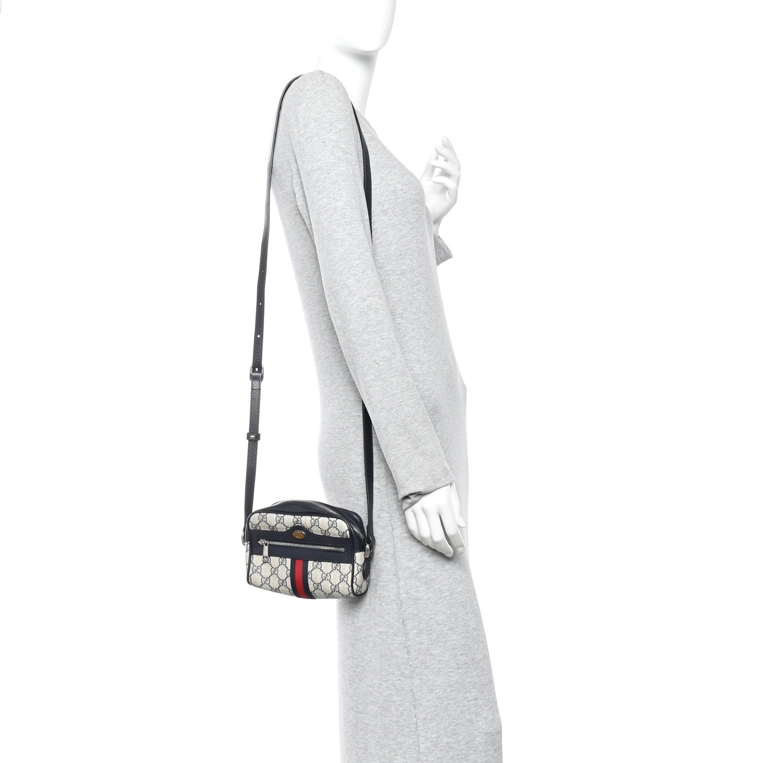 GG Supreme Monogram Textured Dollar Calfskin Web Mini Ophidia Shoulder Bag Beige Blue