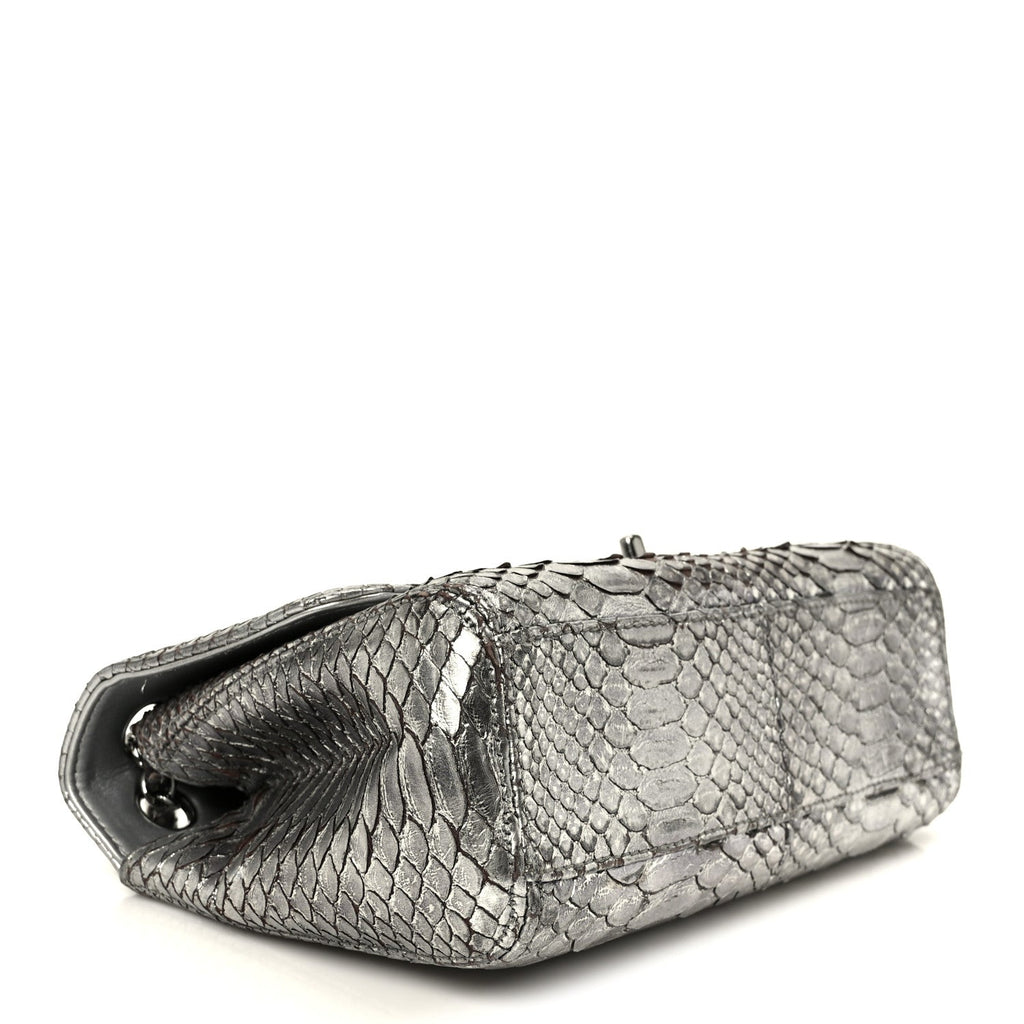 Metallic Snakeskin Medium Single Flap Silver