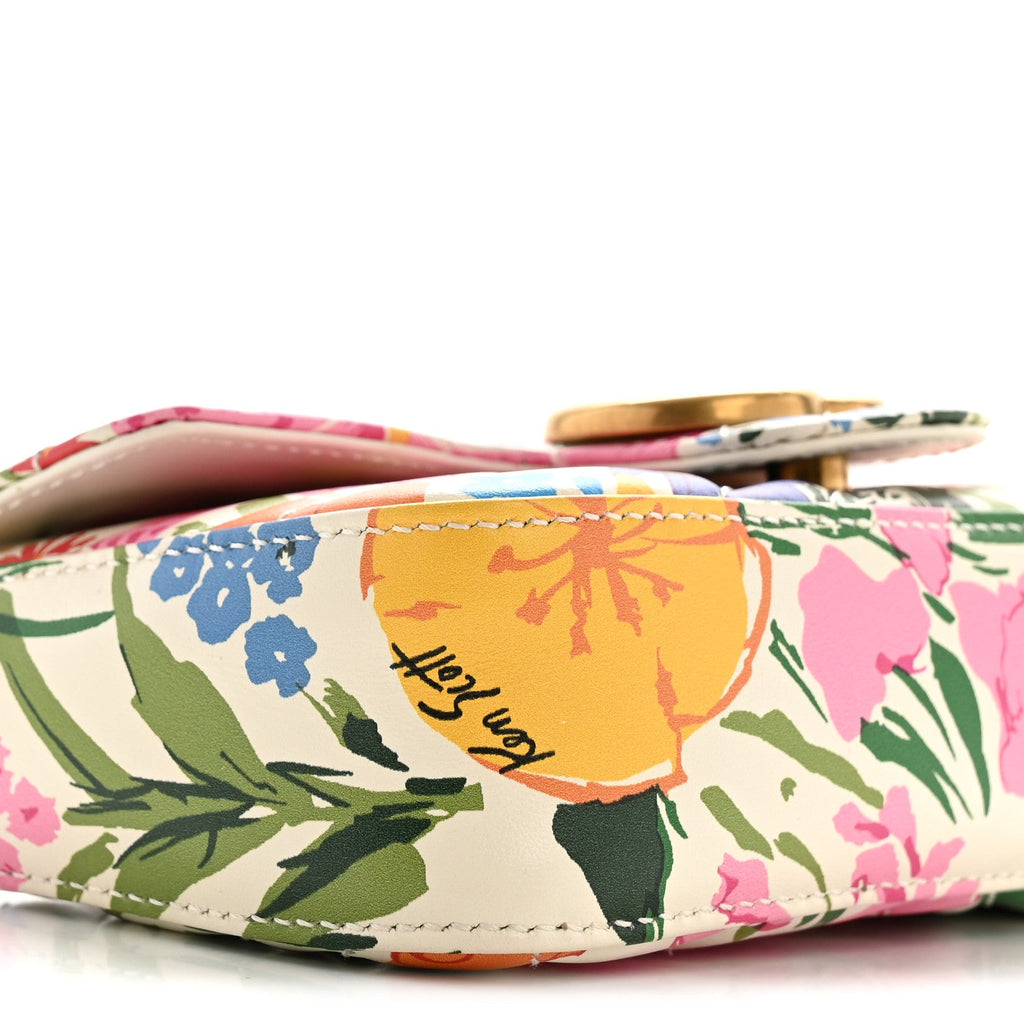X KEN SCOTT Calfskin Matelasse Floral Print Super Mini GG Marmont Shoulder Bag Ivory Pink