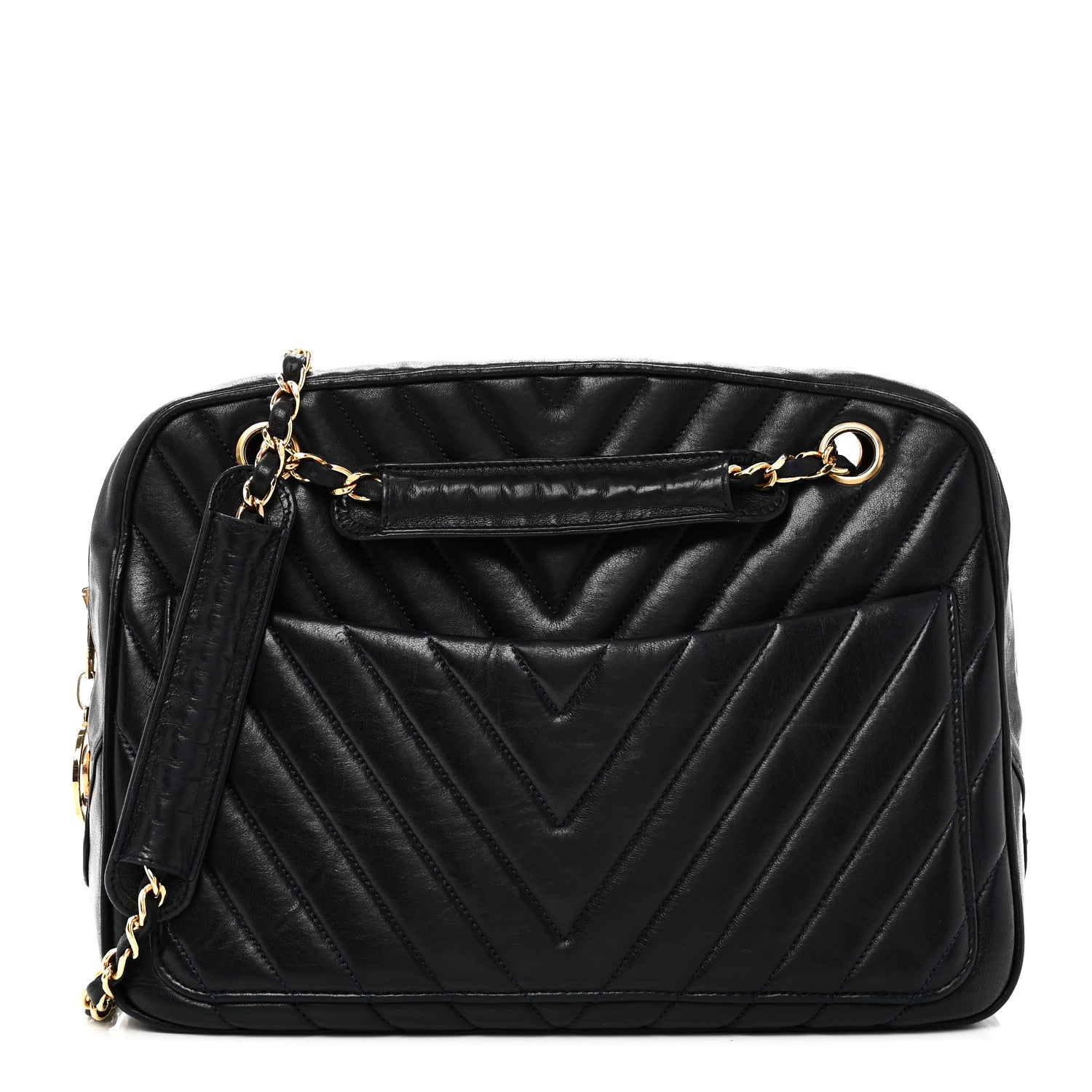 Lambskin Chevron Quilted Camera Case Navy