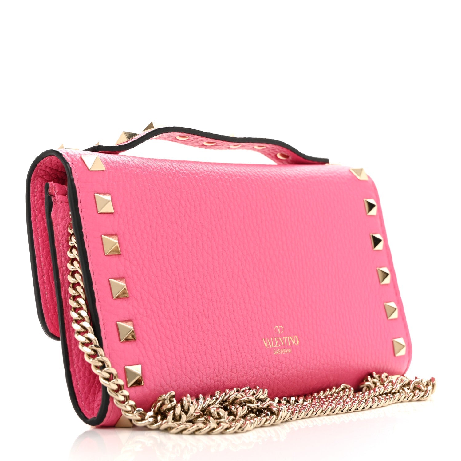 Pebbled Calfskin Rockstud Flip Lock Wallet On Chain Feminine Pink