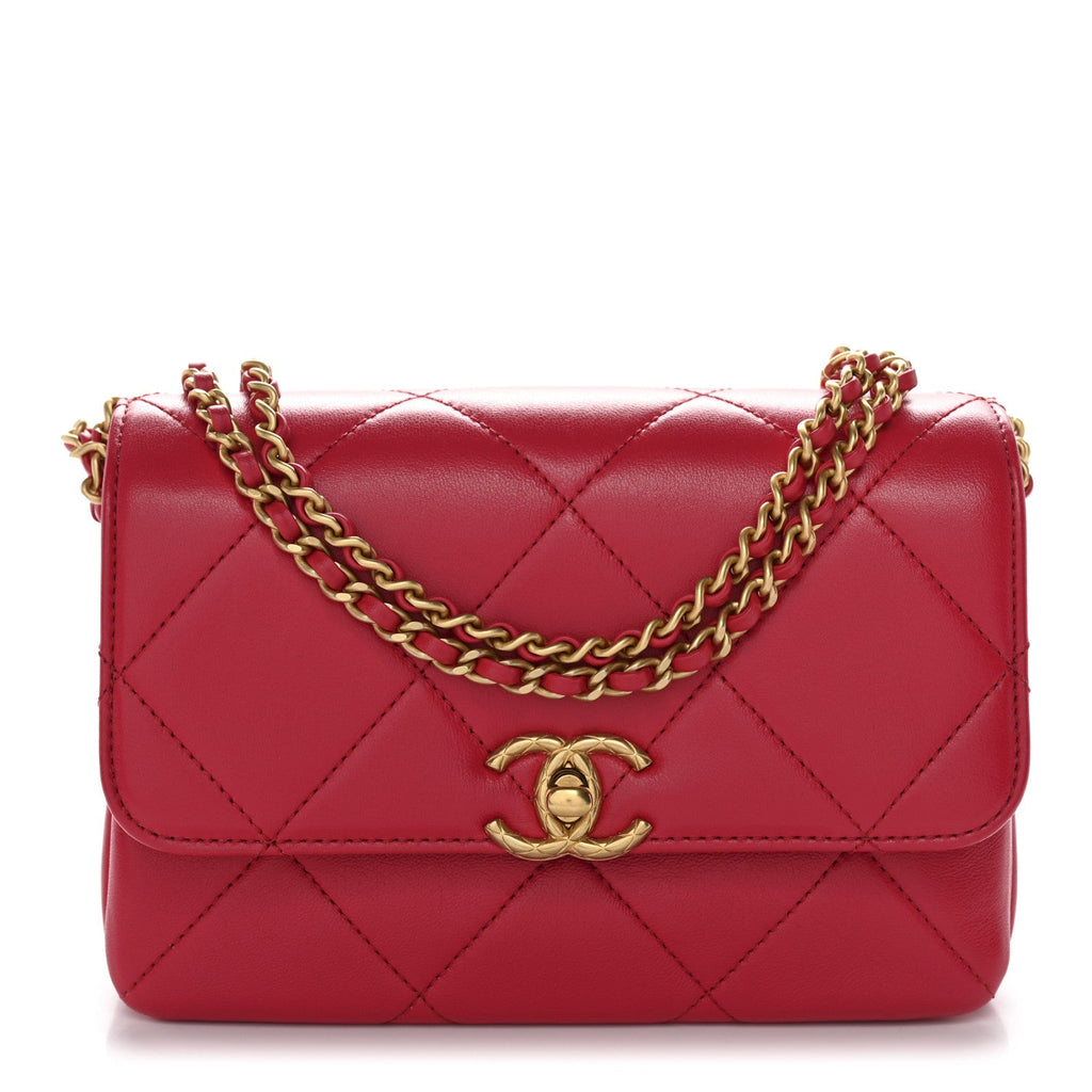 Lambskin Quilted Enamel Chain Logo Mini Flap Red