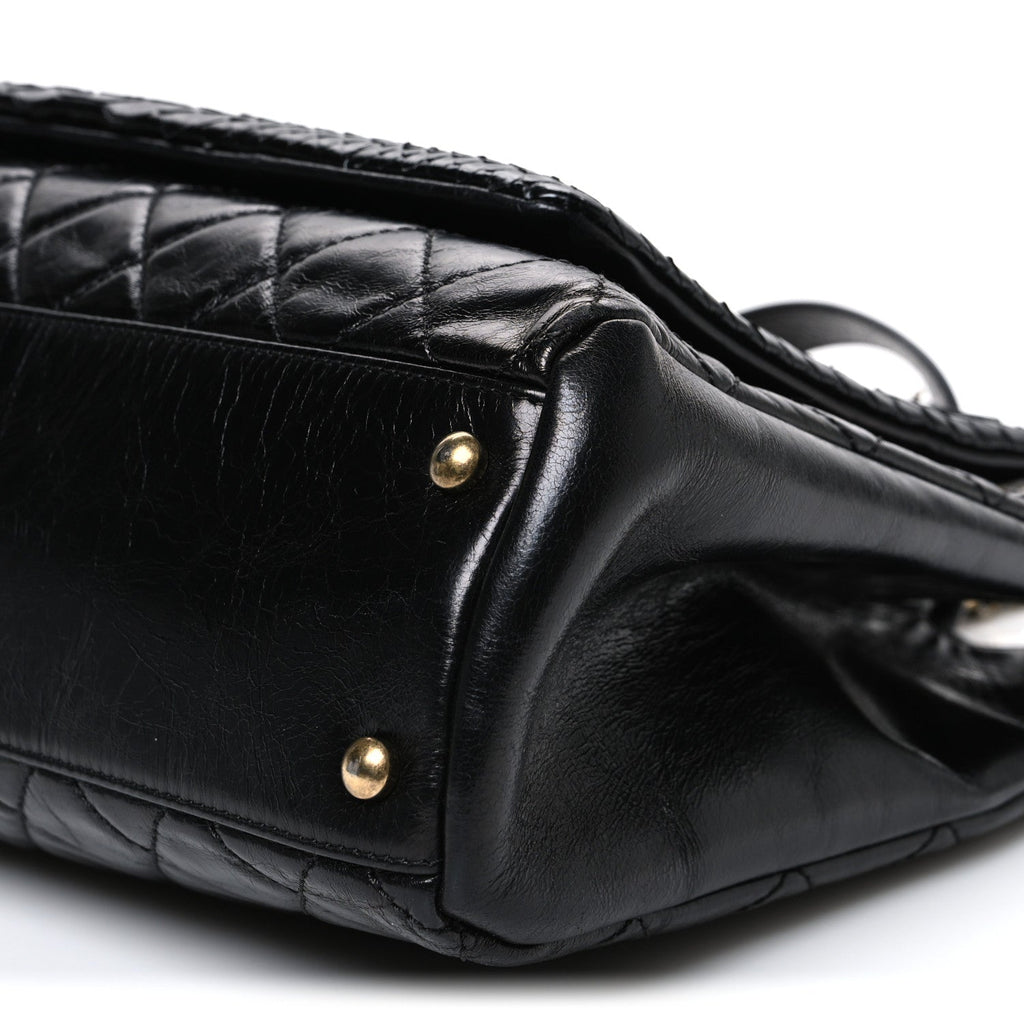 Snakeskin Glazed Calfskin Quilted Urban Mix Tote Black