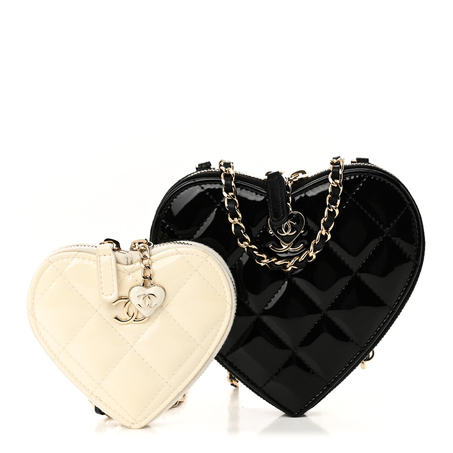 Patent Calfskin Resin Quilted CC Heart Clutch With Chain Black