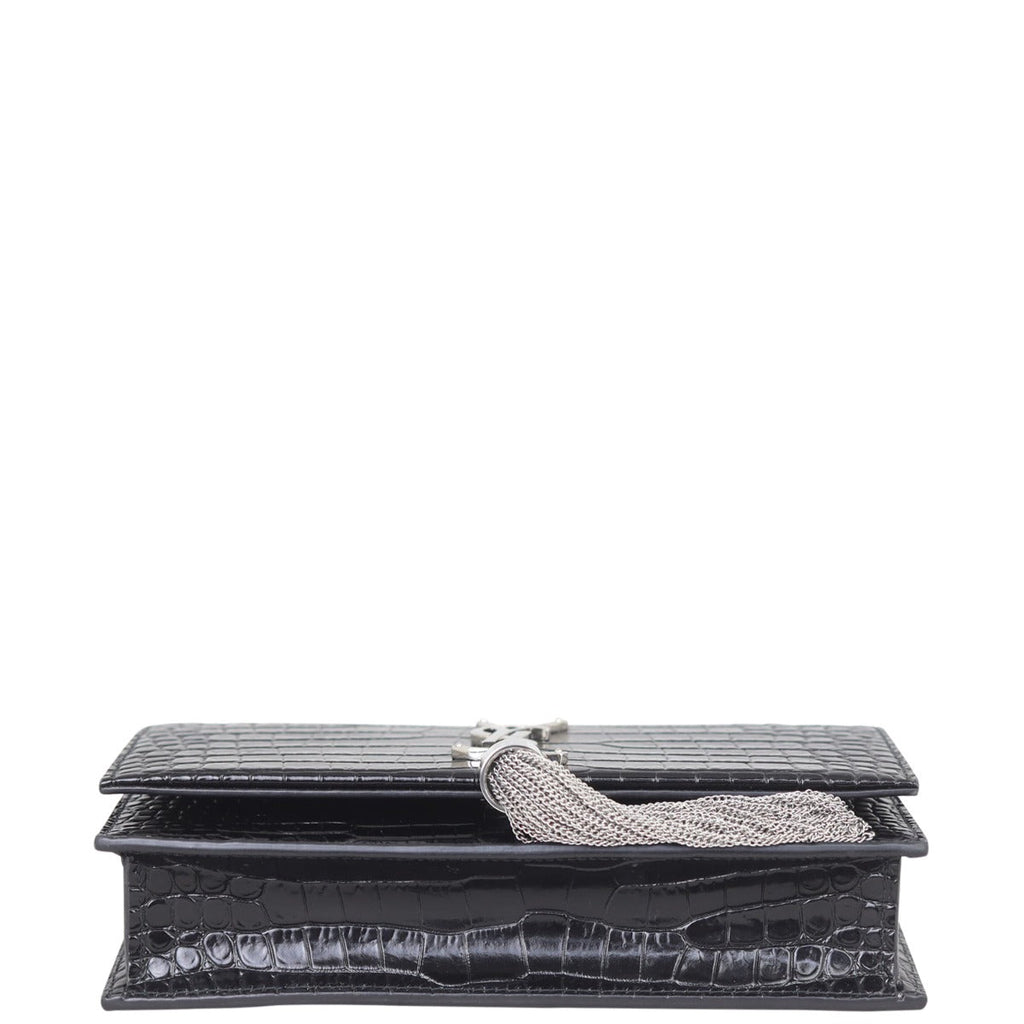 Saint Laurent Kate Tassel Chain Wallet Croc-Embossed