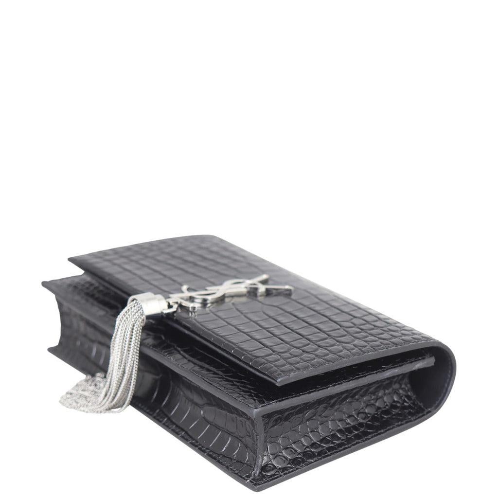 Saint Laurent Kate Tassel Chain Wallet Croc-Embossed